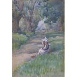 Tom Simpson (British, active 1887-1926): a little girl sitting on a grassy bank, signed lower right,
