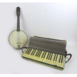 A Hohner Tango III piano accordion with case, and a mandolin banjo with damaged neck and case, a/