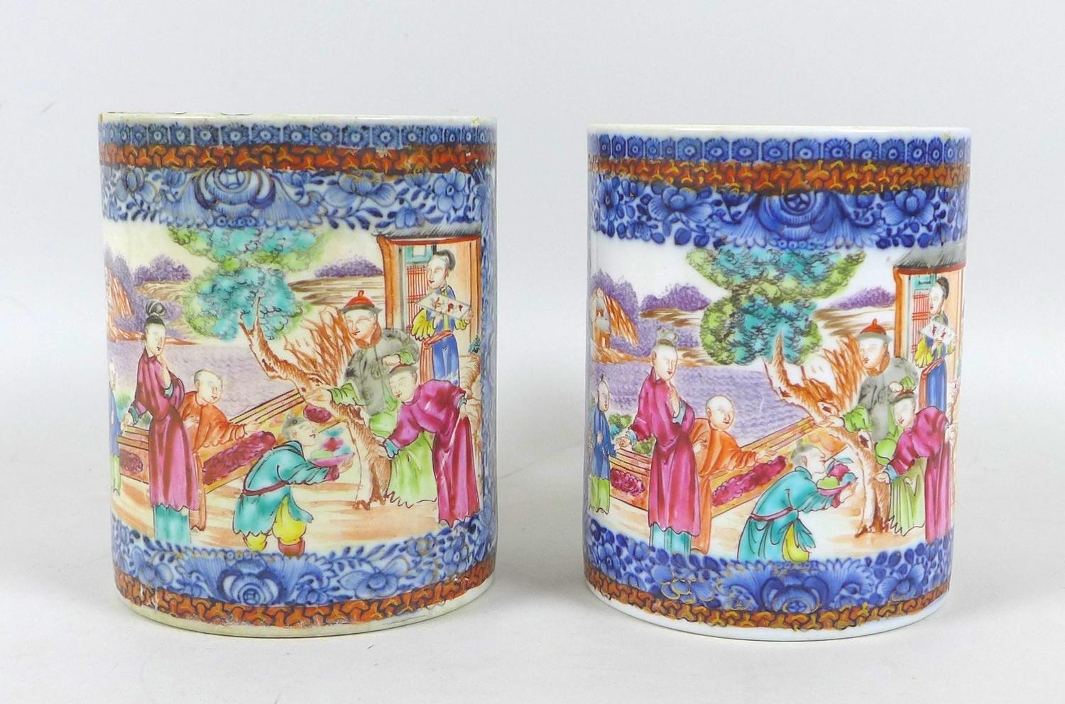 A pair of Chinese Export porcelain tankards, Qing Dynasty, early 19th century, decorated in - Image 2 of 10