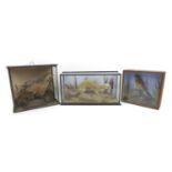 Three pieces of taxidermy, two in glazed cases with naturalistic settings, a stoat, 42 by 14.4 by