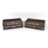 A near pair of Chinese hardwood inlaid trays on stands, early 20th century, of rectangular form with