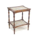 A reproduction mahogany and marble inset side table, the surfaces of rectangular form with concave