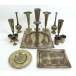 A group of mid 20th century Indian metal wares, including candlesticks. (1 box)