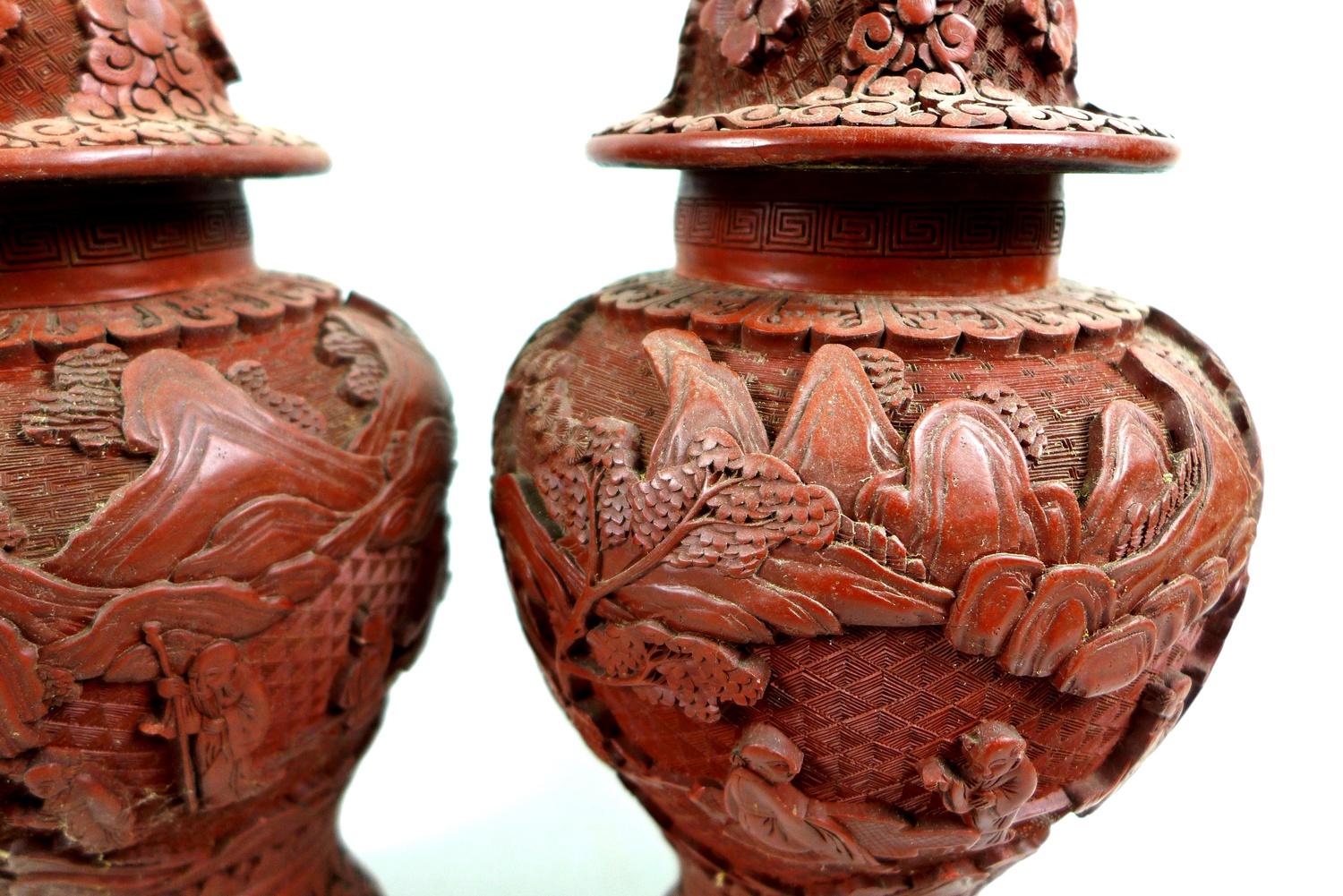 A pair of Chinese covered vases, likely red resin, early to mid 20th century, made to resemble - Image 2 of 5