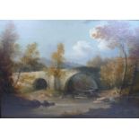 A 19th century landscape with bridge in rural setting, oil on board, unsigned, 24 by 34.8cm sight