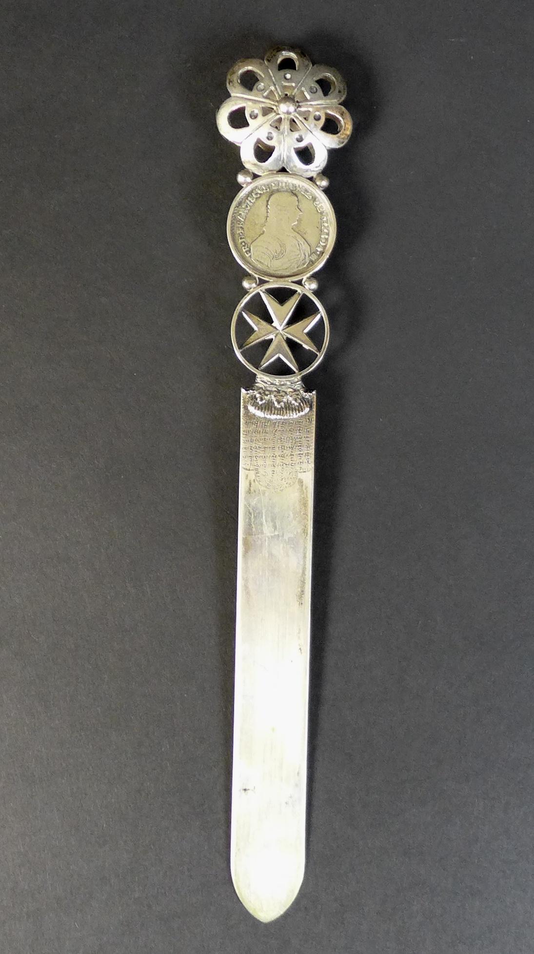 A 19th century Maltese white metal letter opener, inset with a silver 1774 Fra Francisco Ximenez - Image 10 of 10