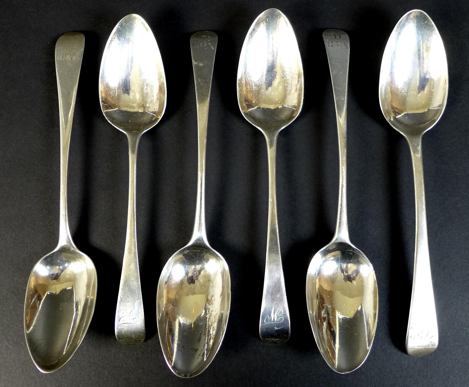 A collection of six George III silver tablespoons, comprising a pair of spoons by Peter and