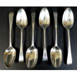 A collection of six George III silver tablespoons, comprising a pair of spoons by Peter and