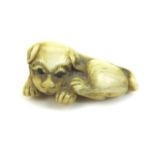 A Japanese ivory netsuke of a puppy, circa 1900, modelled in recumbent pose, unsigned, 5 by 3.5 by