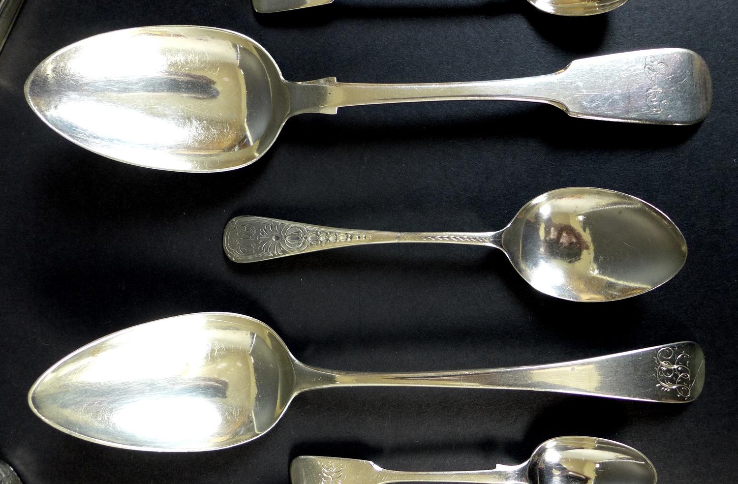 A group of Georgian and later silver flatware comprising a pair of Peter and Anne Bateman sugar - Image 3 of 13
