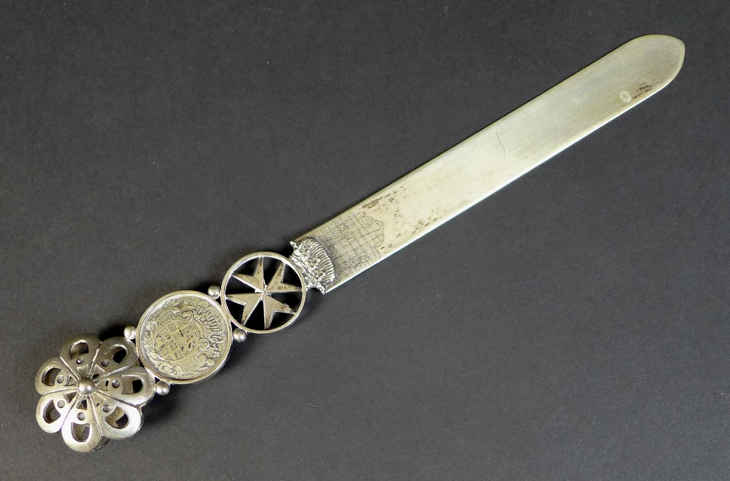 A 19th century Maltese white metal letter opener, inset with a silver 1774 Fra Francisco Ximenez - Image 8 of 10