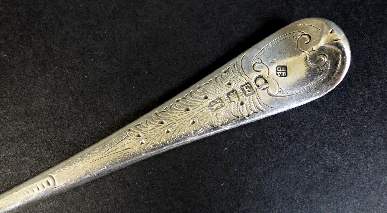 A George III silver serving spoon, with scalloped bowl and engraved decoration to handle, - Image 5 of 6