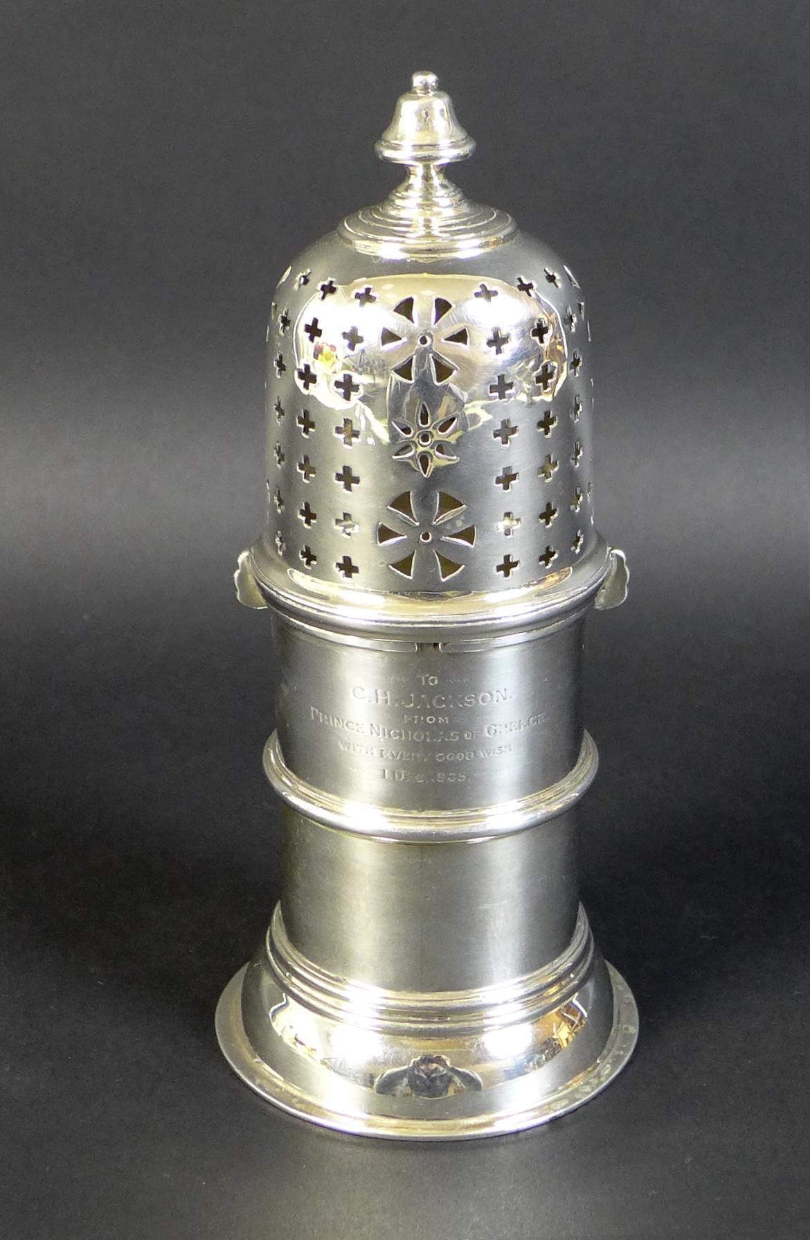 A Victorian silver presentation engraved sugar castor, 'To C. H. Jackson from Prince Nicholas of