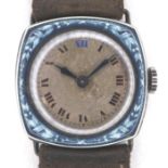 An Art Deco silver cushion cased wristwatch, with fine blue enamel decoration to the case of a