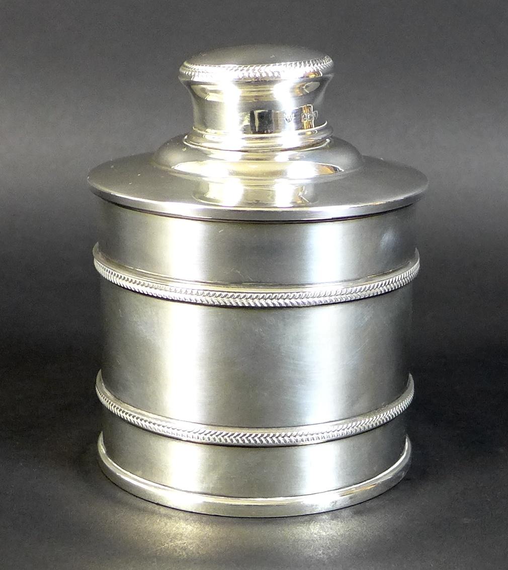 A George V silver dressing table bottle, of cylindrical form with banded body and lift off lid, - Image 2 of 8