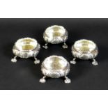 A set of four Victorian silver cauldron salts, each engraved with a single 'R' to one side and