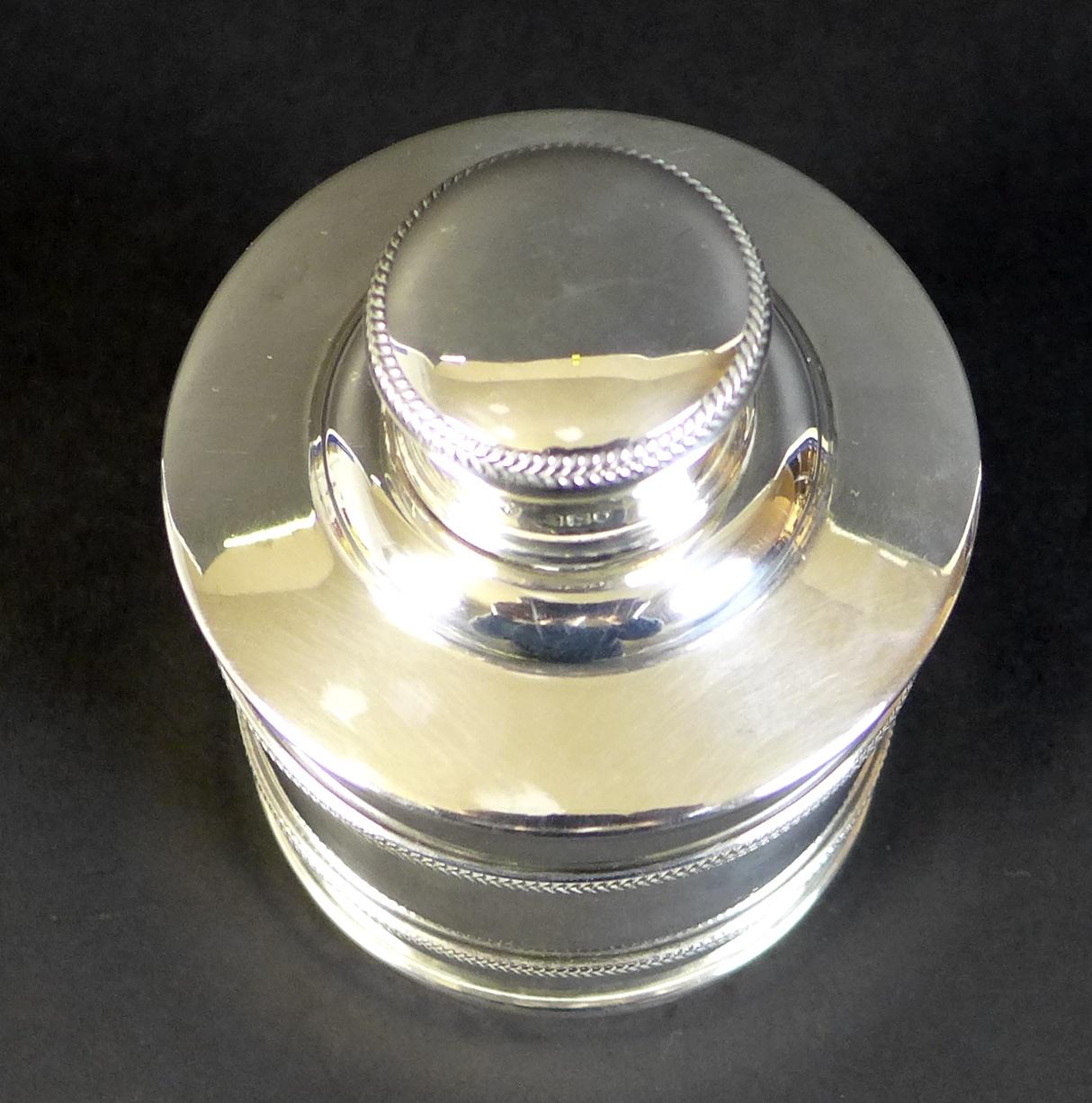 A George V silver dressing table bottle, of cylindrical form with banded body and lift off lid, - Image 4 of 8