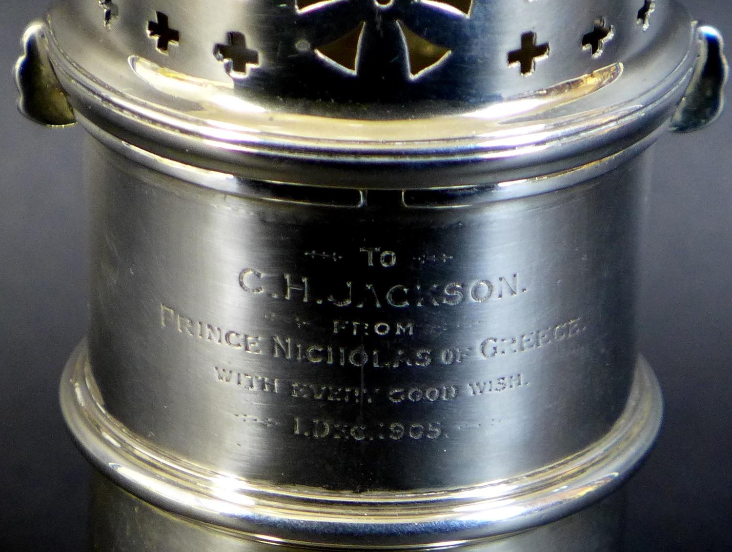 A Victorian silver presentation engraved sugar castor, 'To C. H. Jackson from Prince Nicholas of - Image 6 of 10