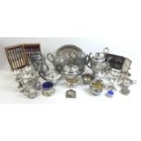 A collection of silver plated wares, including a Victorian egg cup stand with six egg cups, 20cm