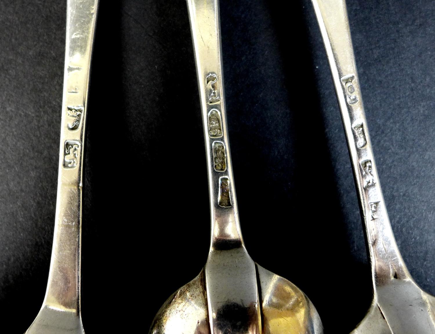 A collection of seven George III silver tablespoons, comprising two with transitional rat tail - Image 6 of 7