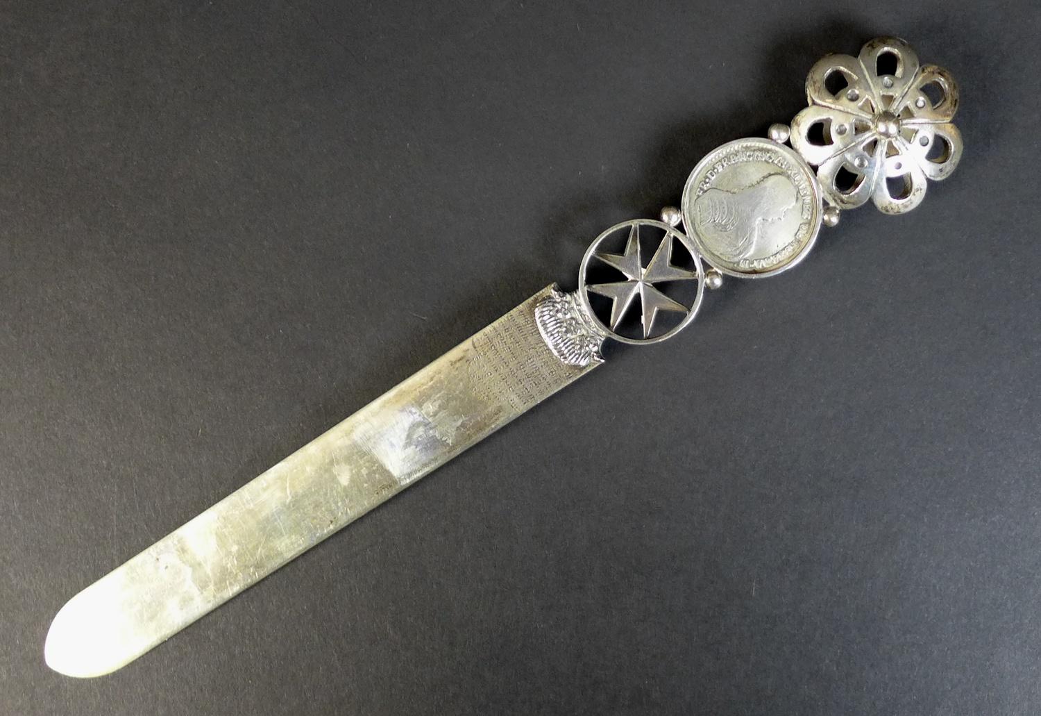 A 19th century Maltese white metal letter opener, inset with a silver 1774 Fra Francisco Ximenez - Image 2 of 10