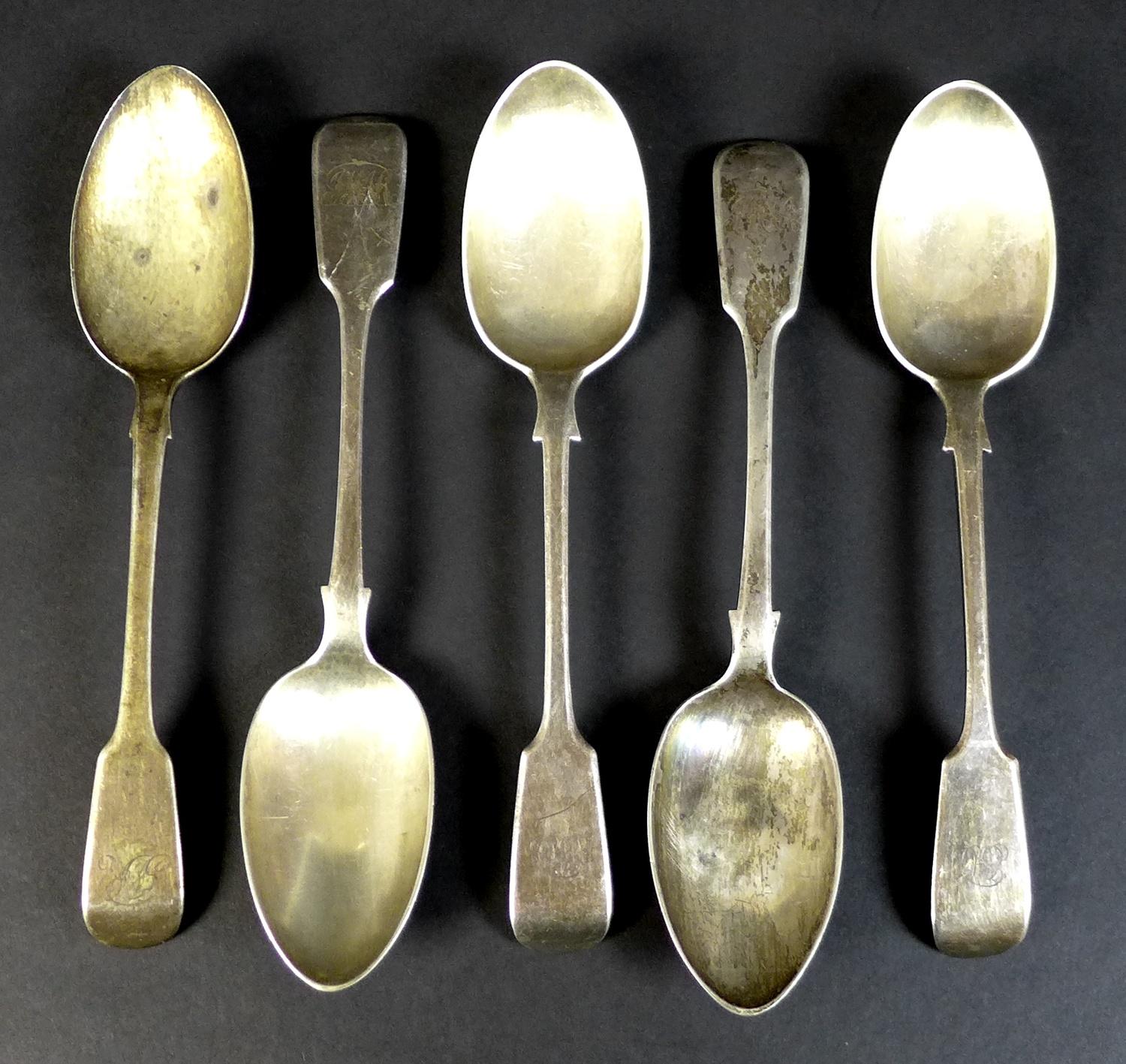 A group of five George IV and later silver table spoons, comprising one George IV, Adey Bellamy