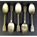 A group of five George IV and later silver table spoons, comprising one George IV, Adey Bellamy