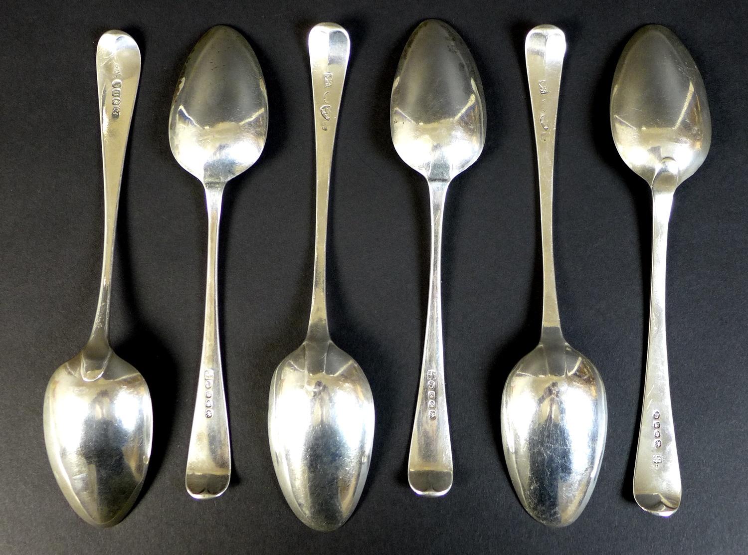 A collection of six George III silver tablespoons, comprising a pair of spoons by Peter and - Image 2 of 4