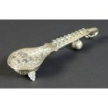 An early 20th century Indian silver spice box, in the form of a sitar, with a peacock form headstock