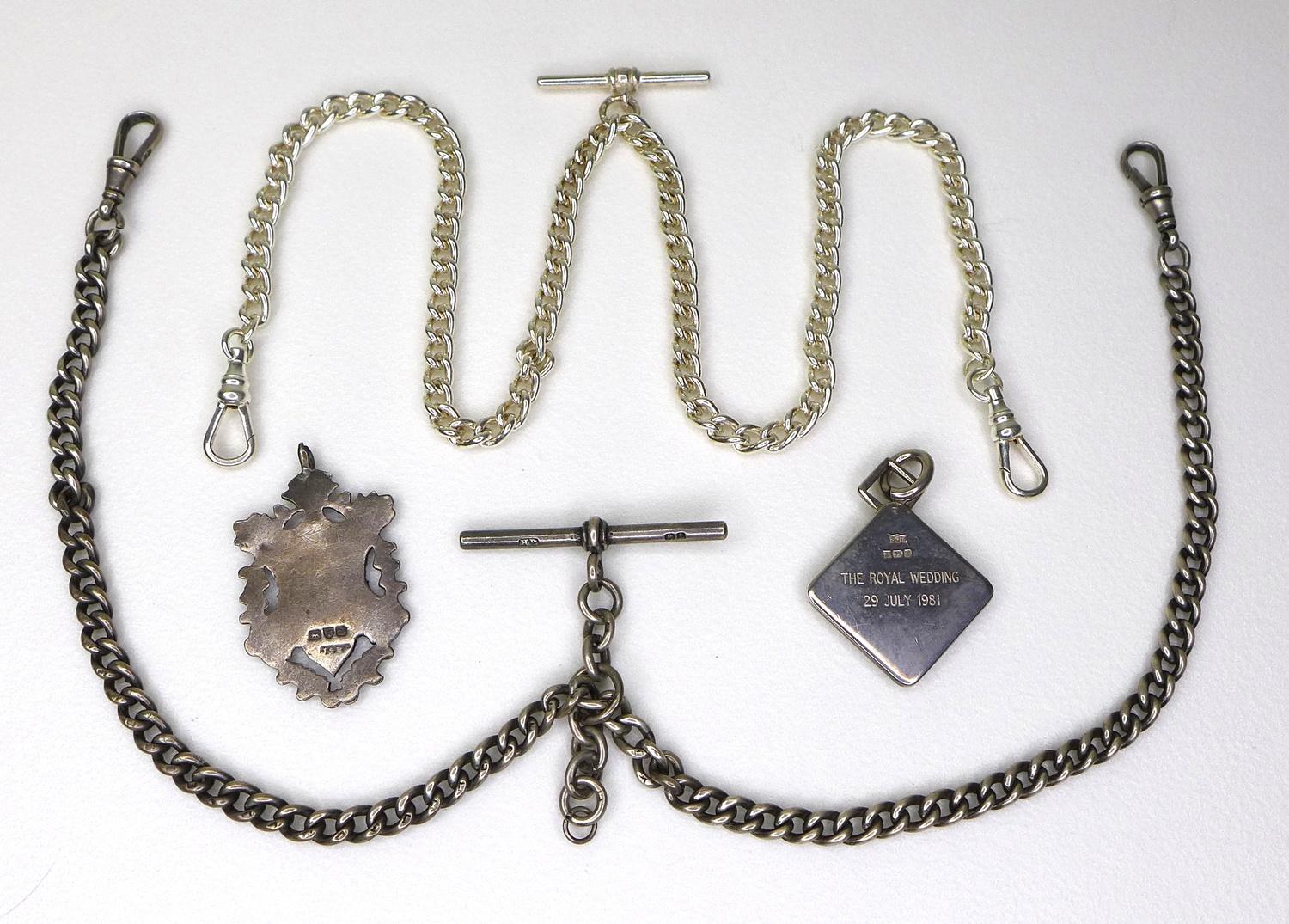A Victorian silver Albert fob chain, with sliding T bar and two end clasps, 37.5cm long, with a - Image 2 of 2