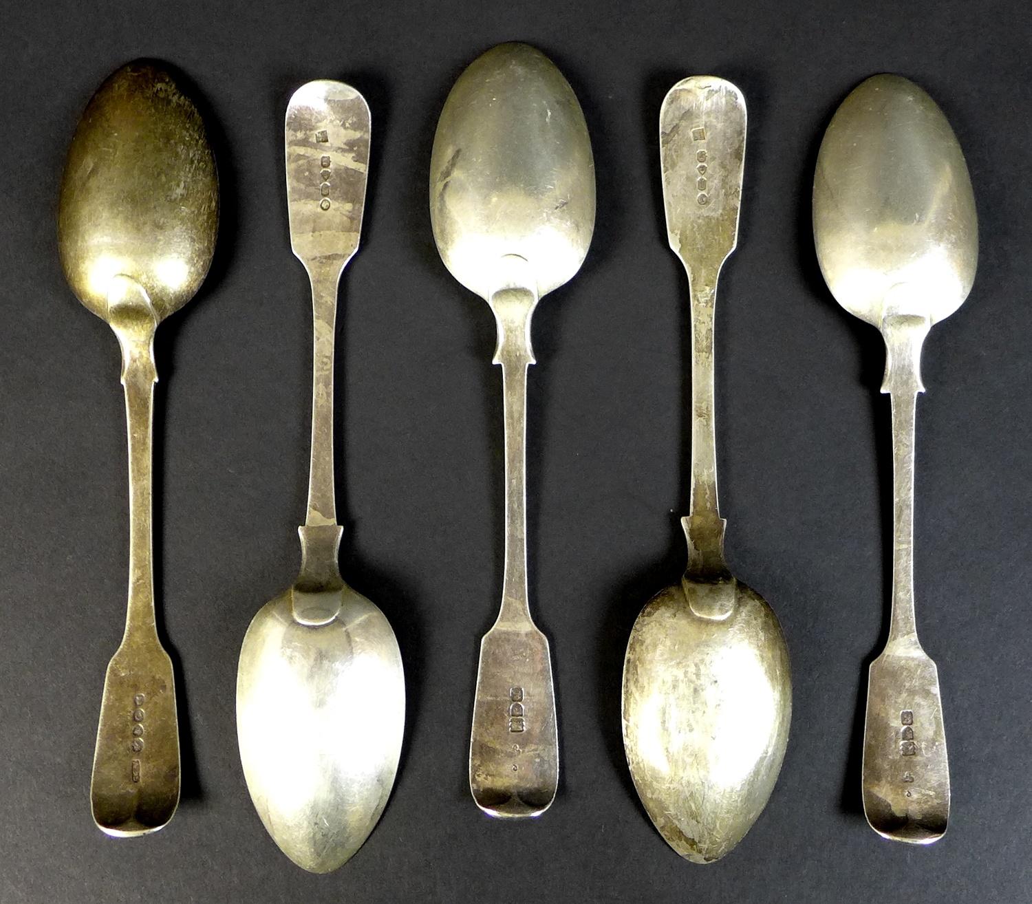 A group of five George IV and later silver table spoons, comprising one George IV, Adey Bellamy - Image 2 of 4