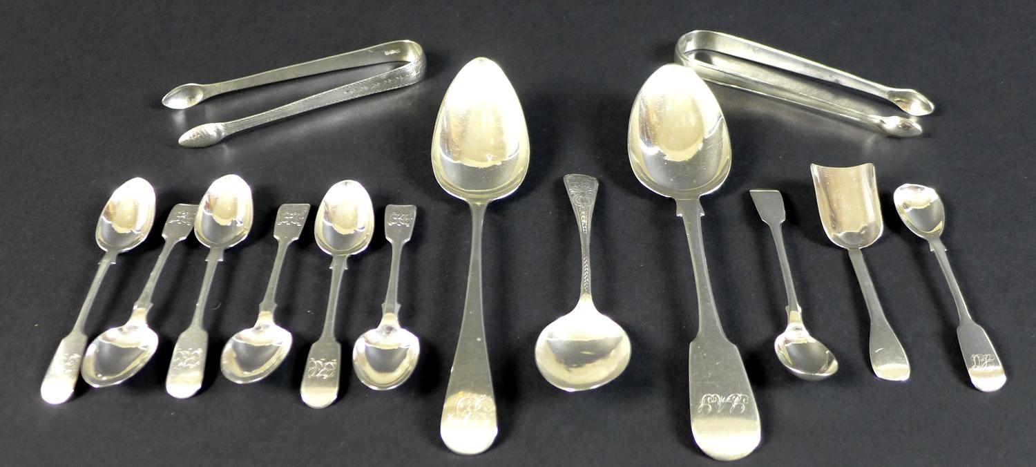 A group of Georgian and later silver flatware comprising a pair of Peter and Anne Bateman sugar - Image 2 of 13