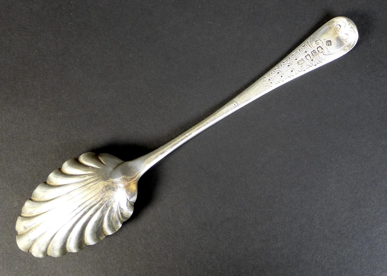 A George III silver serving spoon, with scalloped bowl and engraved decoration to handle, - Image 3 of 6