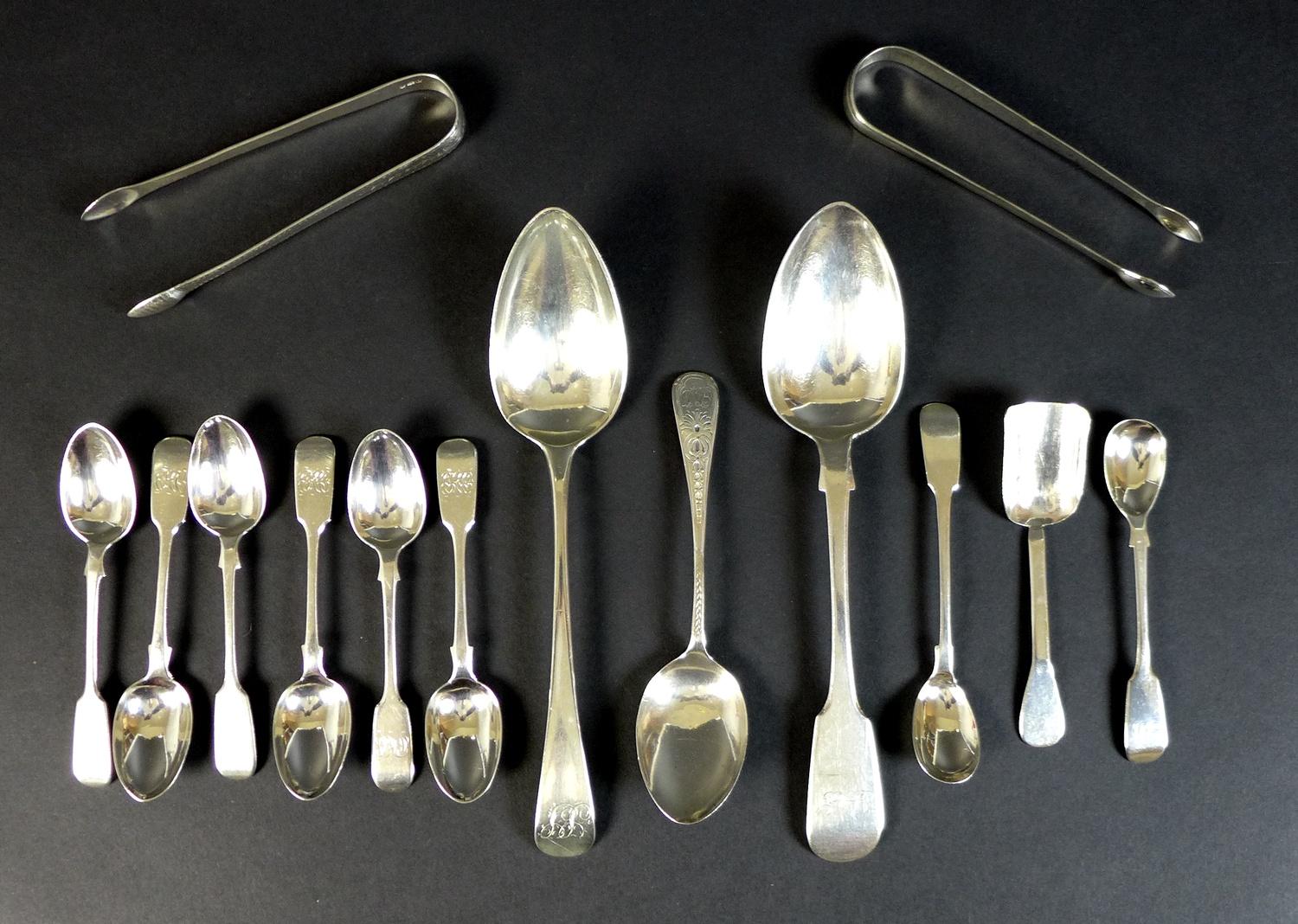 A group of Georgian and later silver flatware comprising a pair of Peter and Anne Bateman sugar