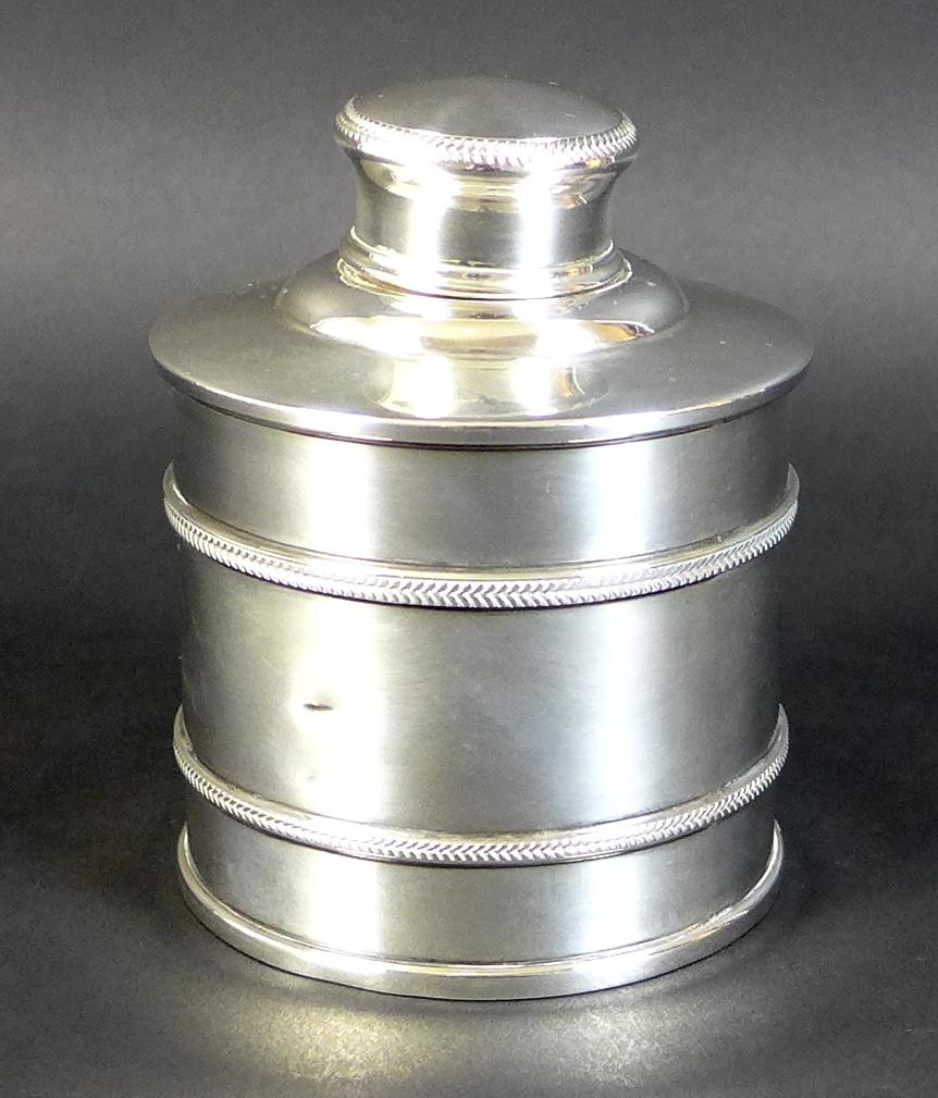 A George V silver dressing table bottle, of cylindrical form with banded body and lift off lid, - Image 3 of 8