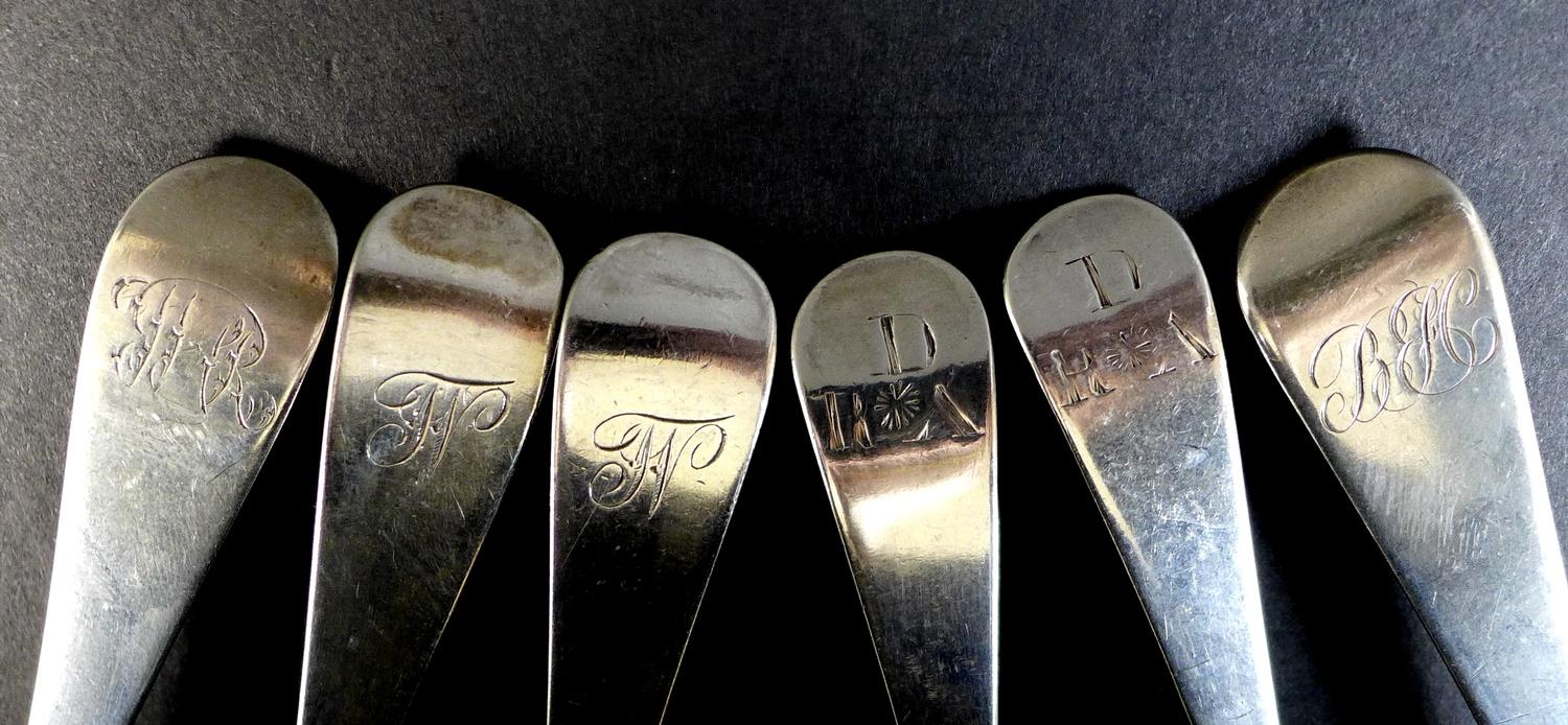 A collection of six George III silver tablespoons, comprising a pair of spoons by Peter and - Image 3 of 4