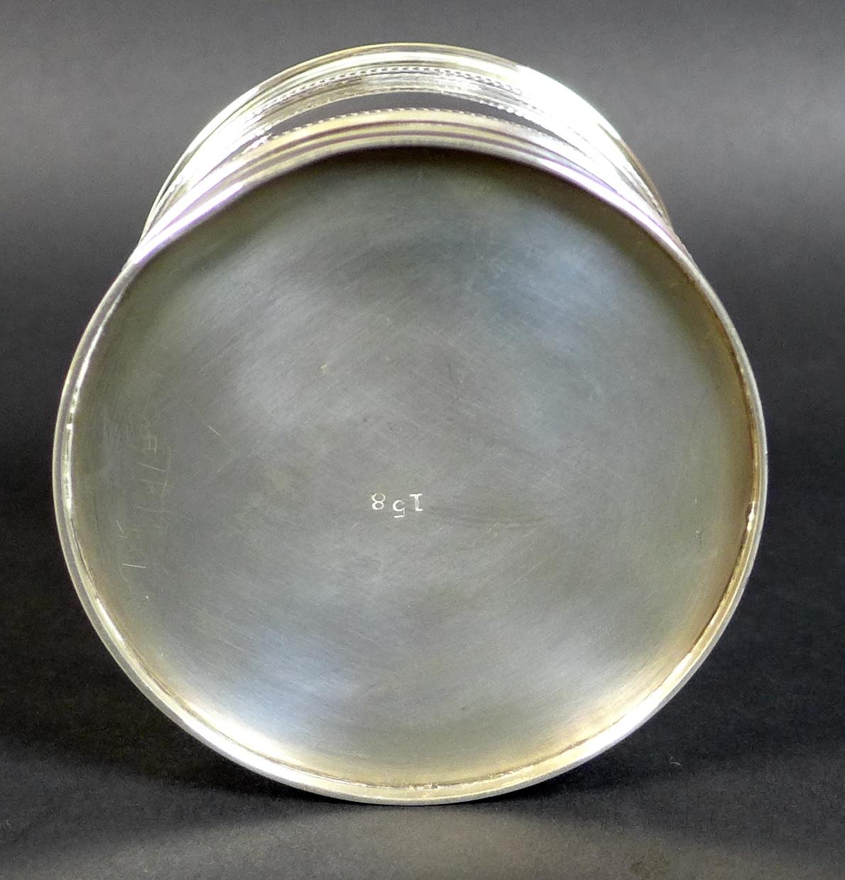 A George V silver dressing table bottle, of cylindrical form with banded body and lift off lid, - Image 5 of 8