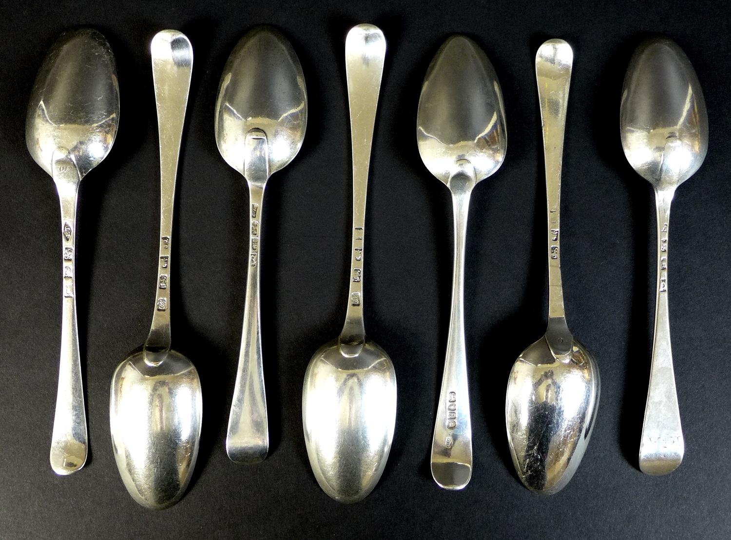 A collection of seven George III silver tablespoons, comprising two with transitional rat tail - Image 2 of 7