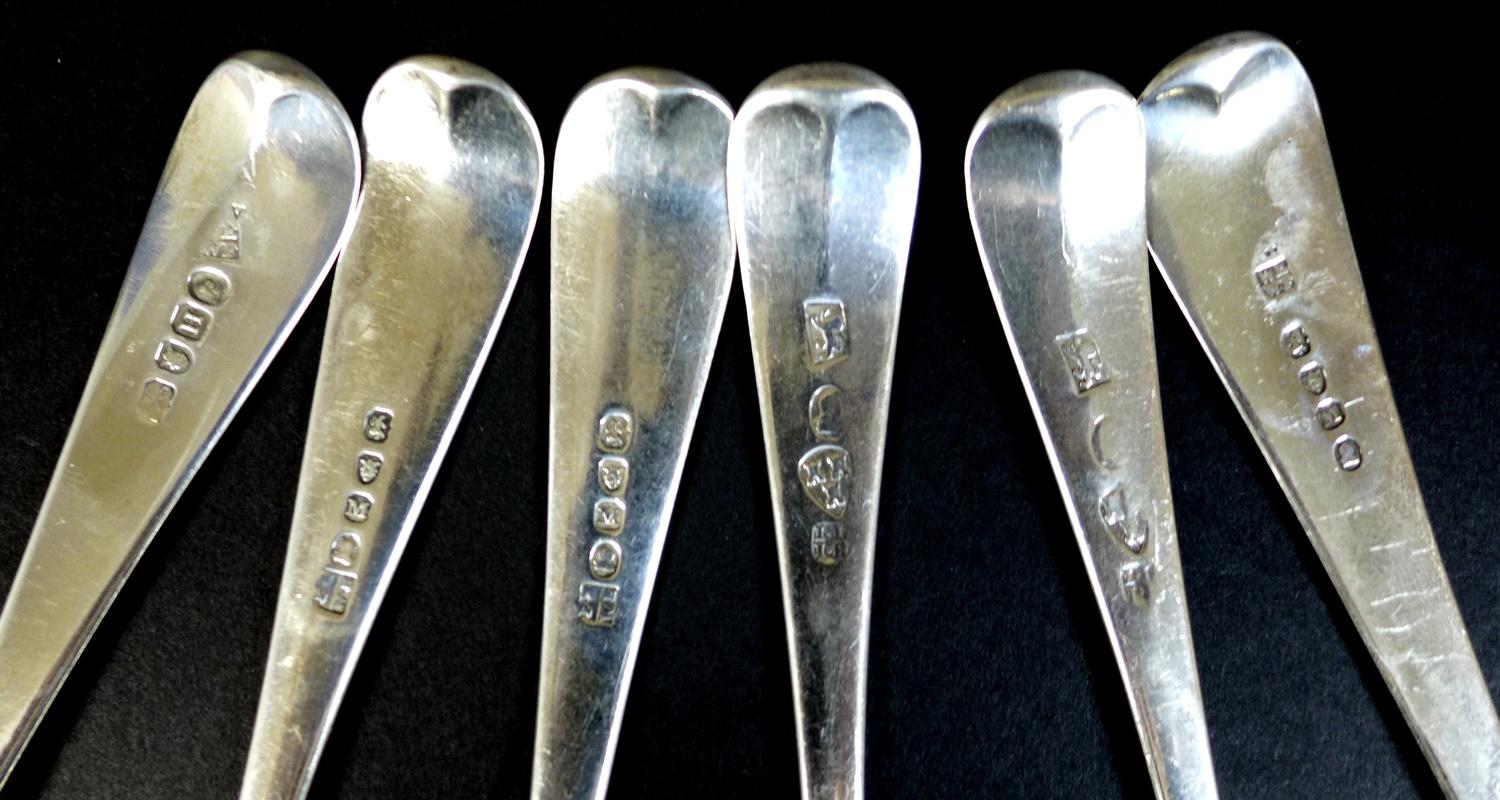 A collection of six George III silver tablespoons, comprising a pair of spoons by Peter and - Image 4 of 4