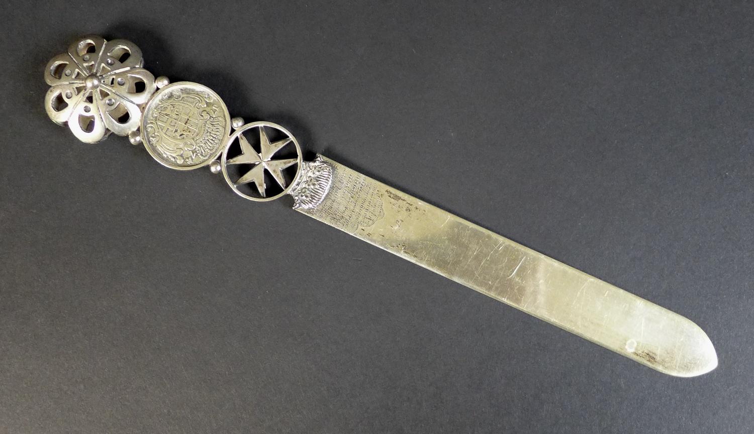 A 19th century Maltese white metal letter opener, inset with a silver 1774 Fra Francisco Ximenez - Image 3 of 10