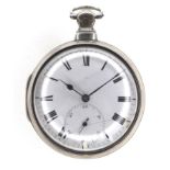 A George III silver pair cased key wind pocket watch, the white enamel dial with black Roman