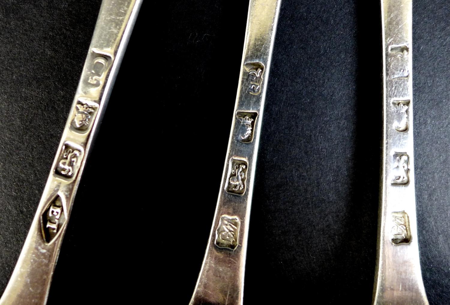 A collection of seven George III silver tablespoons, comprising two with transitional rat tail - Image 5 of 7