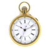 A late Victorian 18ct gold open faced centre seconds chronograph pocket watch, keyless wind, the