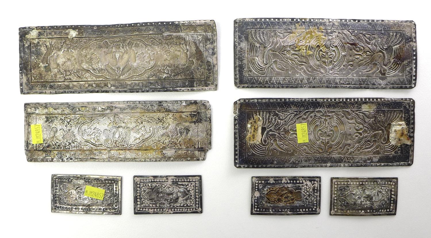 A group of Chinese or South East Asian white metal book binding covers, each of rectangular form - Image 2 of 2