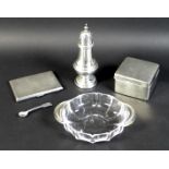 A group of silver items, comprising a George V silver sugar sifter William Aitken, Birmingham