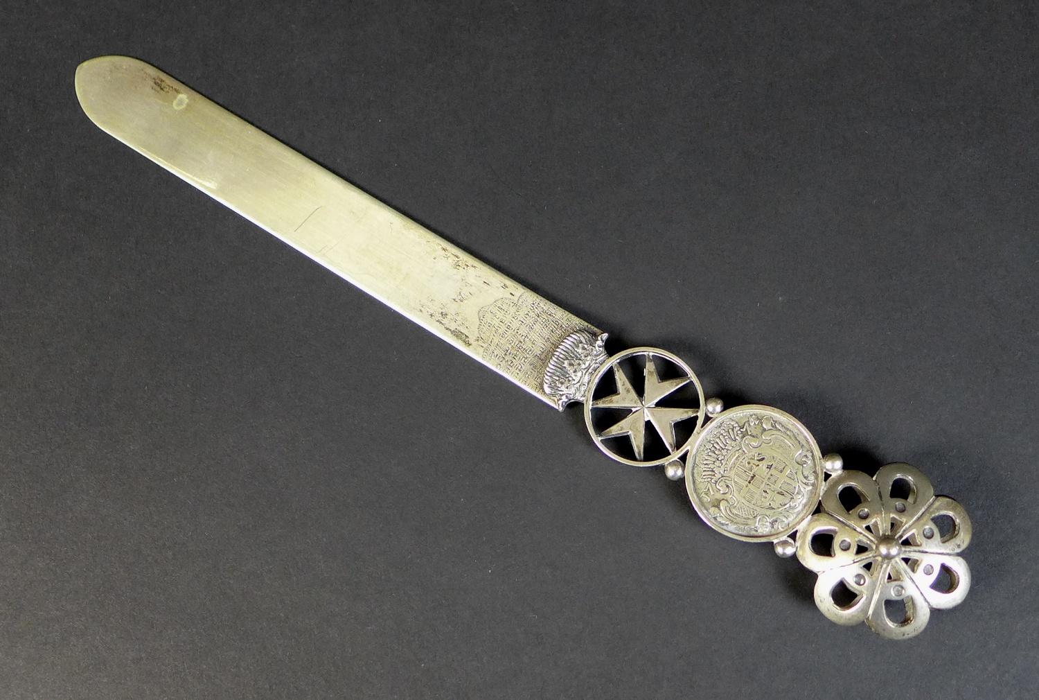 A 19th century Maltese white metal letter opener, inset with a silver 1774 Fra Francisco Ximenez - Image 9 of 10