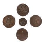 A group of five late 18th / early 19th century Russian copper coins, a 1731 Denga, 26mm, 7.3g, a