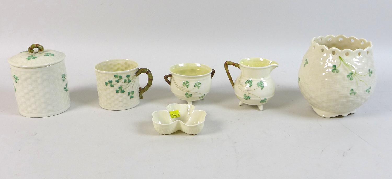 A small collection of Belleek china, shamrock pattern, comprising a basket weave moulded vase, 12 by - Image 2 of 4