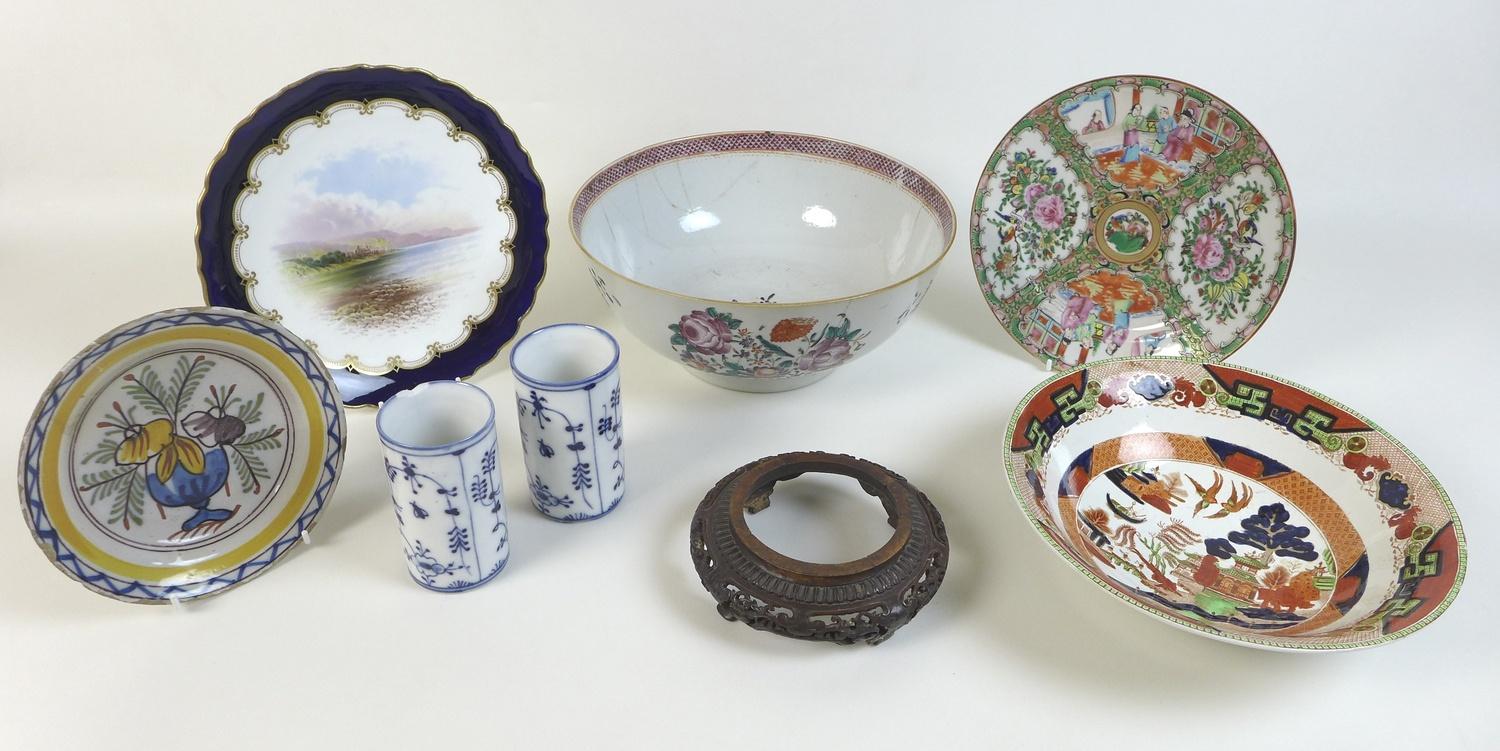 A group of Chinese and European ceramics, including a Chinese porcelain punch bowl, Qing Dynasty,