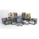 A collection of die cast toy model cars, including a Corgi Classics 1927 Bentley in green, two by